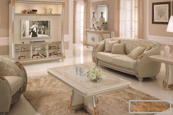Design classico del soggiorno con mobili bianchi - foto