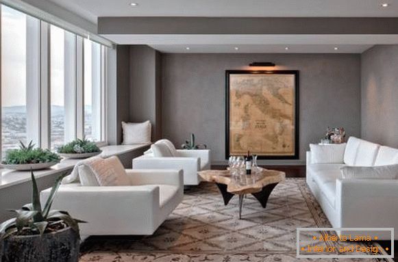 Il design del soggiorno con mobili bianchi - una foto con pareti grigie