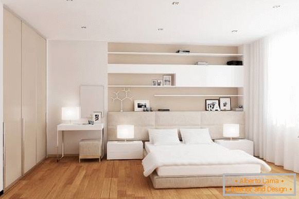 Design moderno di una camera da letto bianca con un pavimento caldo