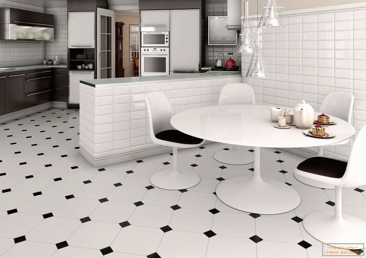 Piastrelle bianche e nere sul pavimento della cucina