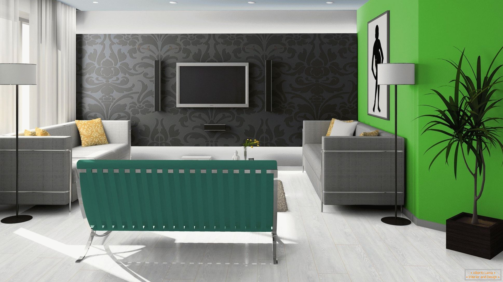 Nero, verde e bianco nel design del salotto