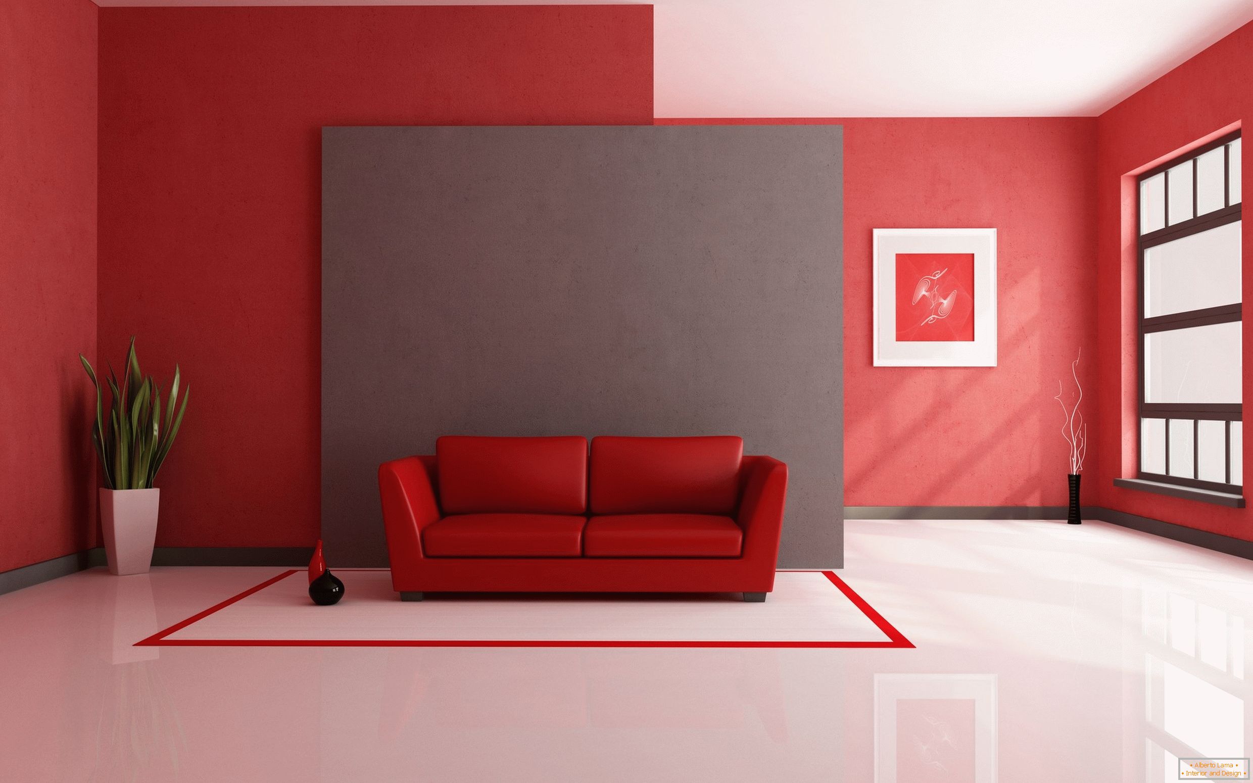 Pavimento bianco in combinazione con materiali di finitura rossi e oggetti interni