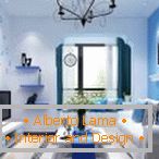 Pavimento bianco in combinazione con tonalità blu di materiali di finitura e oggetti interni