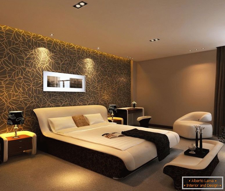 marrone-accenti-wall-idea-per-grande-camera da letto-abbinare-con-floreale-background-stampa-e-completato-con-comodo letto-plus-piacevole-bianco-divano