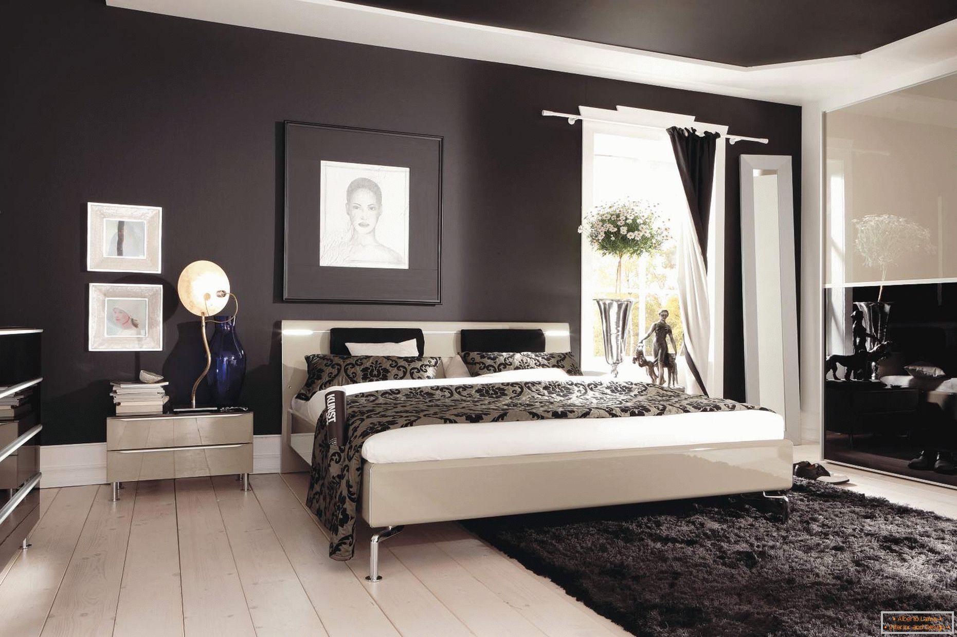 Soffitto e pareti nere nella camera da letto