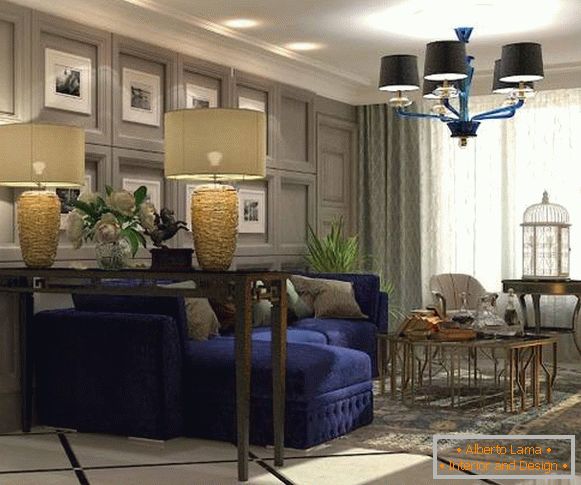 Design del soggiorno con decorazioni in oro e blu