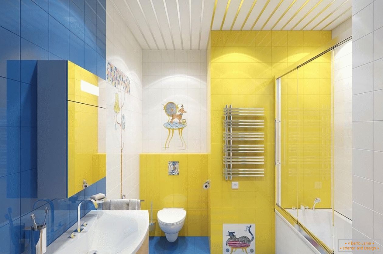Blu, giallo e bianco nell'interno del bagno
