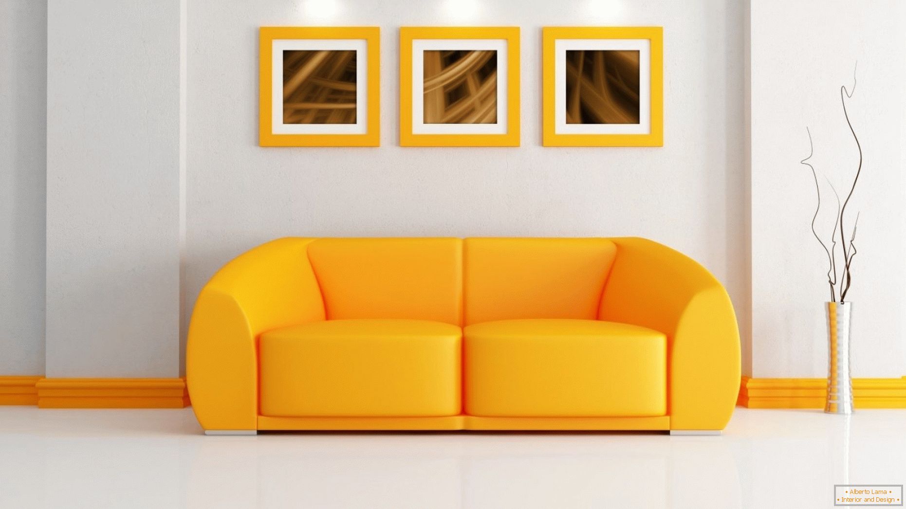 Interni luminosi con un divano arancione