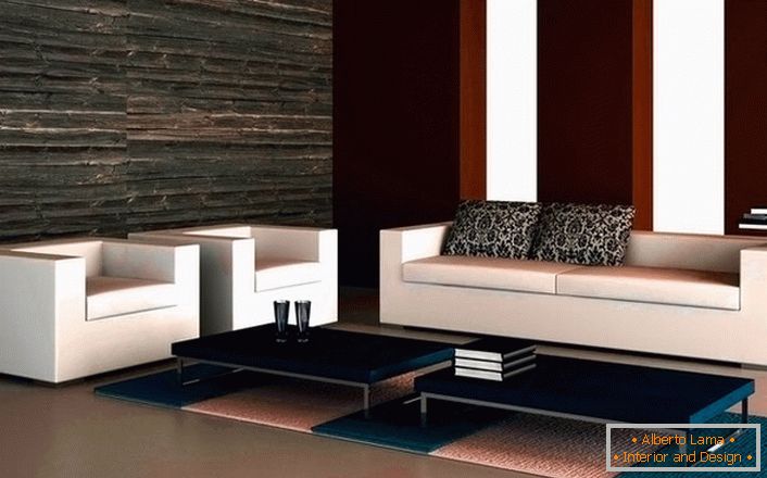 Progetto di design del salotto in stile high-tech. Un divano laconico con due poltrone sembra armoniosamente in stile minimalista. 