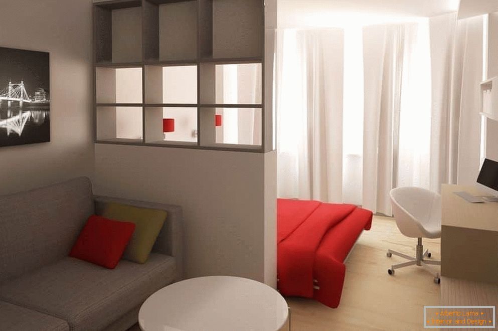 Design di camera da letto e soggiorno in una stanza