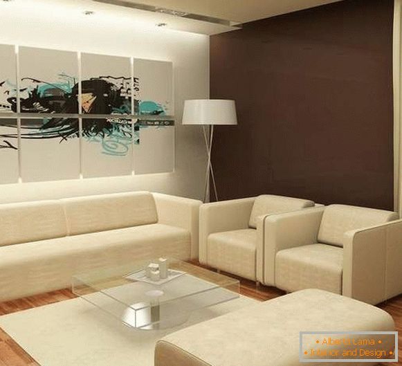 Progettazione di un salotto moderno in una casa privata con mobili imbottiti bianchi