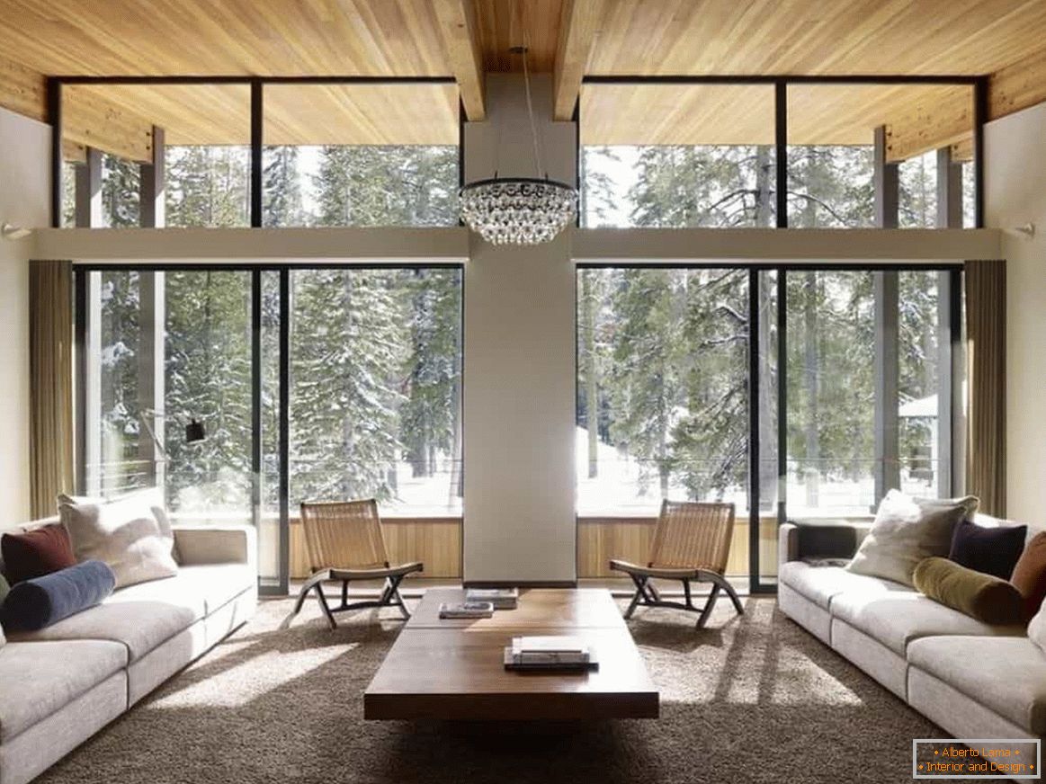 design di un soggiorno in una casa di legno