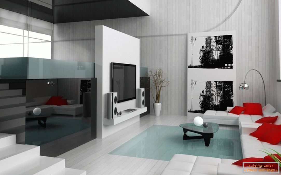 Luminoso piano nel soggiorno in stile minimalista