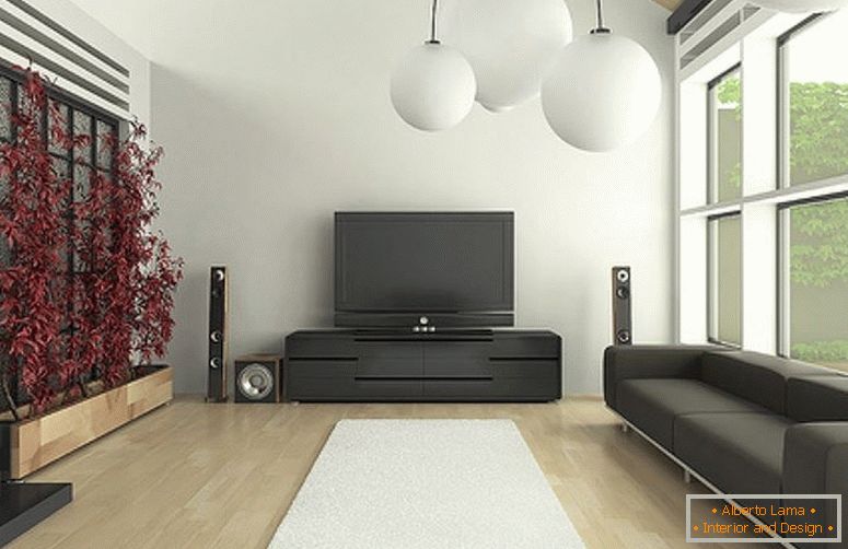 Mobili scuri nel soggiorno in stile minimalista