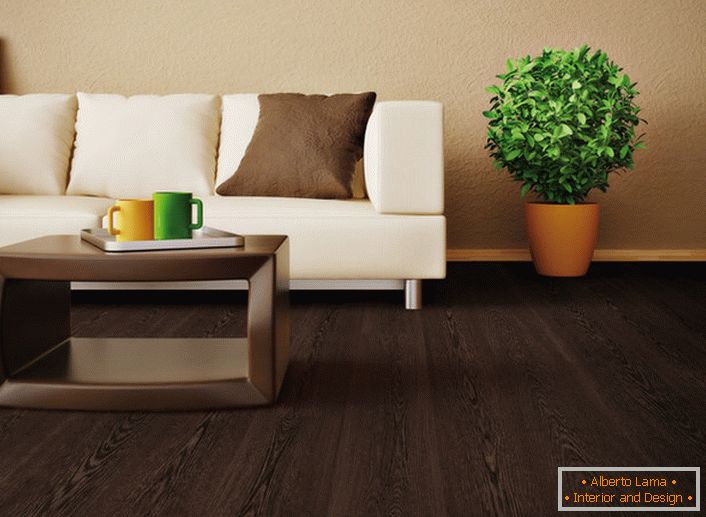Per decorare il soggiorno è stato utilizzato un laminato color wengé. La tonalità nobile e lussuosa del marrone è favorevolmente combinata con il colore delle verdure succose.