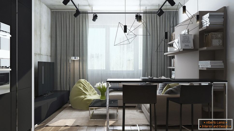 Interior design di un piccolo appartamento in toni di grigio