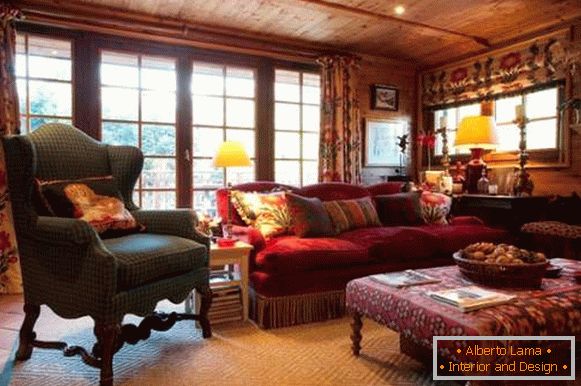 Design di una casa di campagna all'interno - un soggiorno nello stile di uno chalet