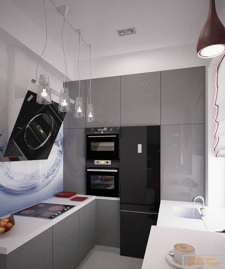 Una parete della cucina può essere completamente riempita con armadi con tecnologia dal pavimento al soffitto