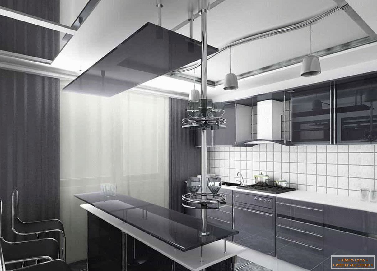 Tende scure e una facciata scura della cucina combinata con un grembiule e un soffitto bianchi