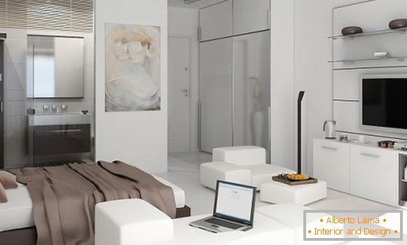Design studio appartamento di 25 mq in colore bianco e colori chiari