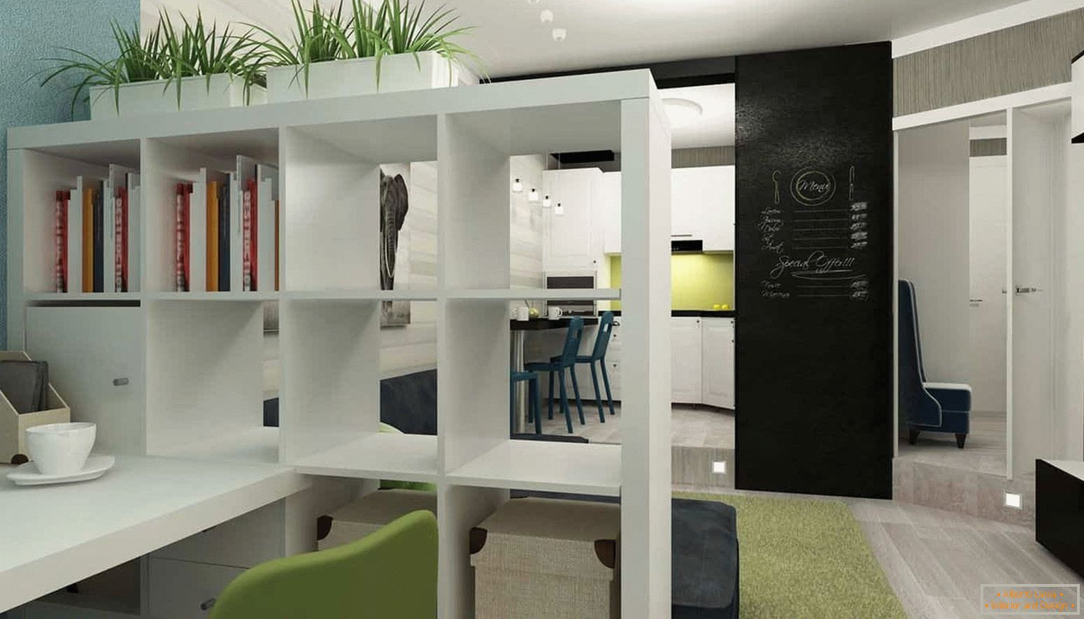Tutto ciò che è necessario nel design degli interni di un piccolo appartamento, cucina, soggiorno e studio