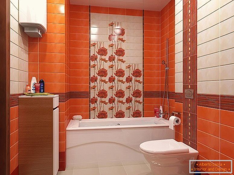 Piastrelle arancioni all'interno di un piccolo bagno