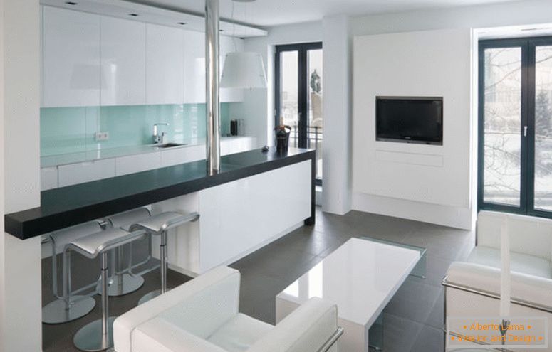 camere da letto-semplici-studio-appartamento-design-idea-per-soggiorno-con-bianco-divano-con-bianco-tavolo-grigio-pavimento di piastrelle e vetro-porta-con-nero-frame-elegante- design-idee studio-appartamento-
