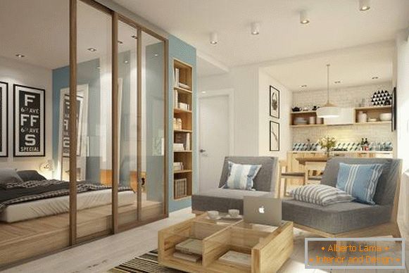 Soggiorno e camera da letto in design 1 appartamento 40 mq
