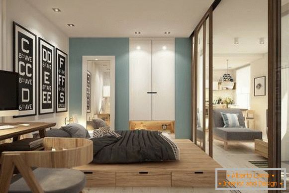 Camera da letto separata nell'appartamento monolocale di design di 40 mq