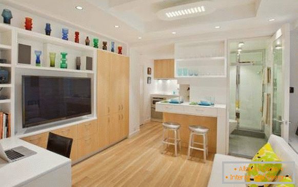 Soggiorno, cucina e bagno nel design dell'appartamento 40 mq foto