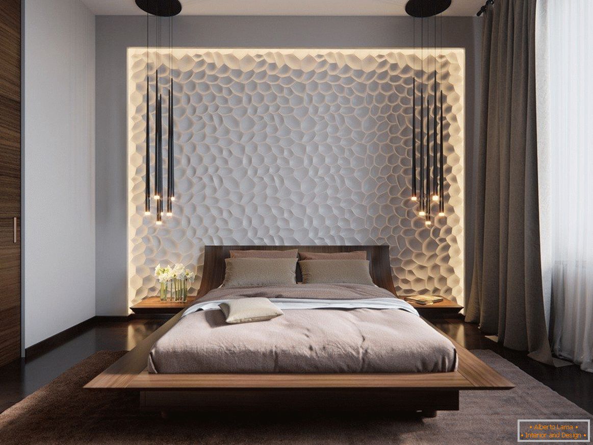 Pannelli 3D sulla parete della camera da letto con illuminazione
