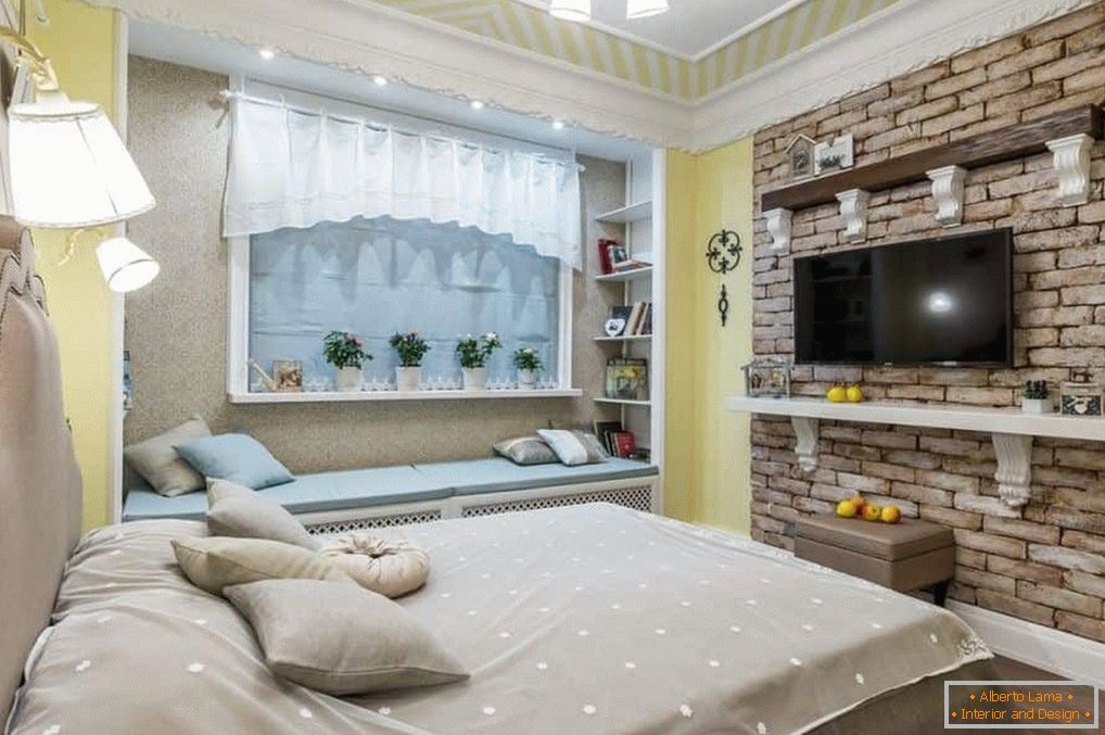 Brick wall in bedroom design 13 sq. M