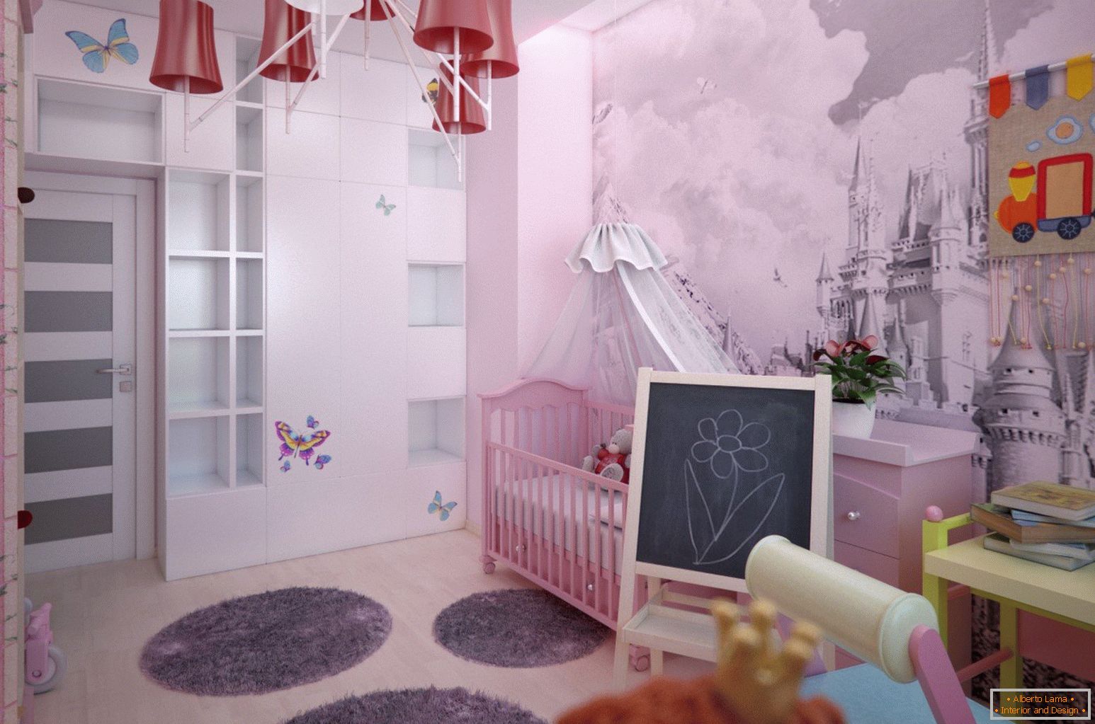 Interior design della stanza dei bambini della ragazza con una serratura