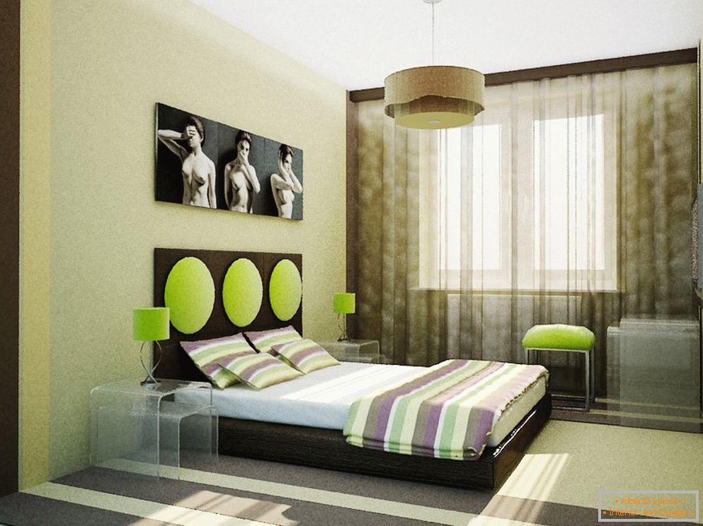Design della camera da letto insolito nei colori verde beige