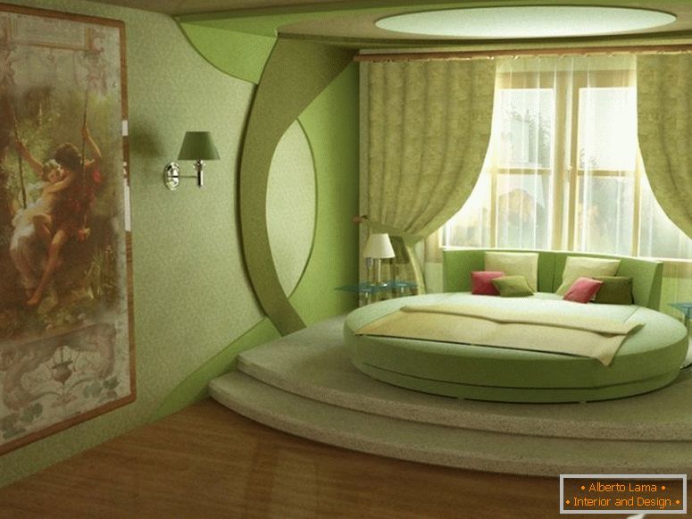 Camera da letto verde con letto rotondo