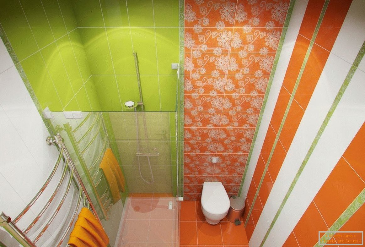 Piastrelle arancione e verde sotto la doccia