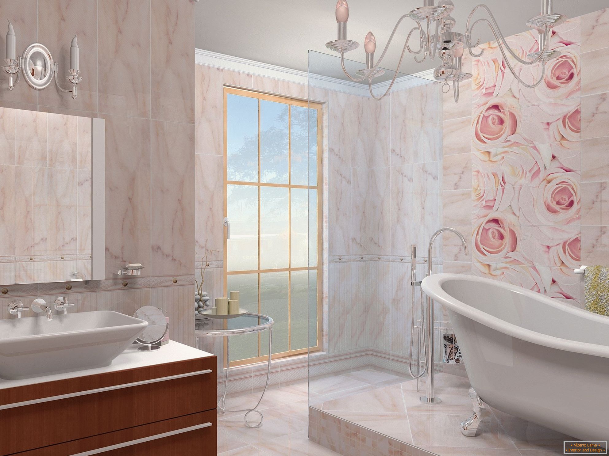 La combinazione di beige e rosa nel design del bagno