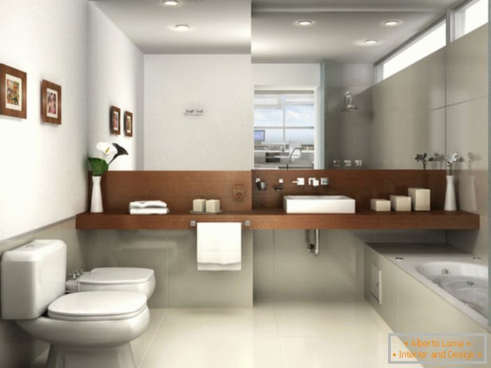 Il bagno in stile minimalista è decorato in tonalità di grigio chiaro. La vista è attratta da un grande specchio, che occupa l'intera parete sopra il lavabo.