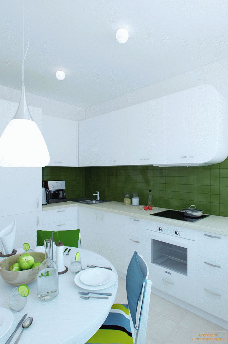 Interior design della cucina nei colori bianco e verde