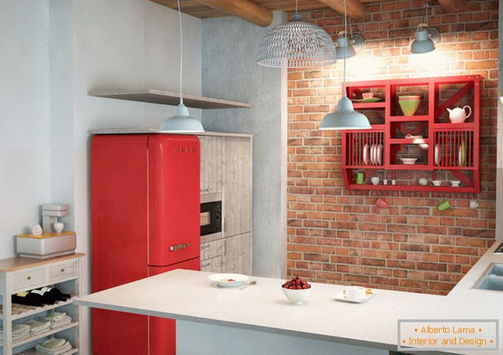 Cucina creativa in stile loft per una persona creativa. Un interno elegante per una piccola cucina quadrata.