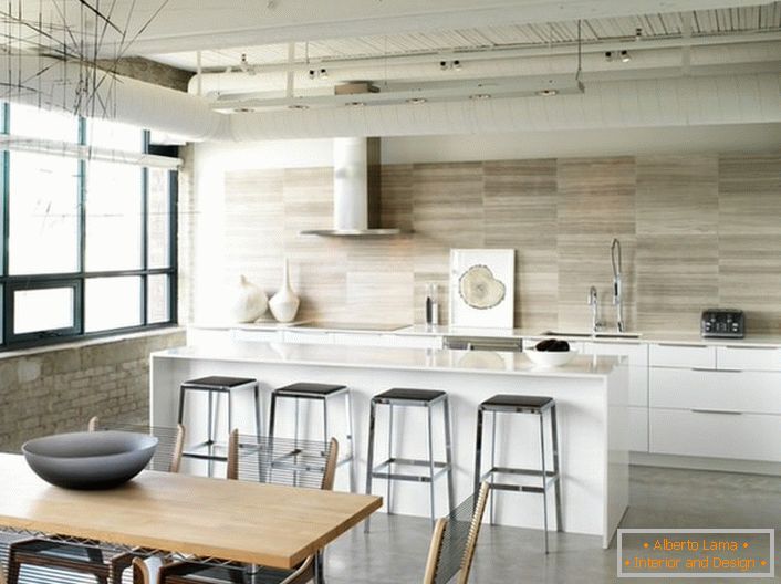 L'opzione giusta lo spazio cucina zoning in stile loft. Semplicità, modestia, funzionalità e praticità sono lo stile per una vera hostess.