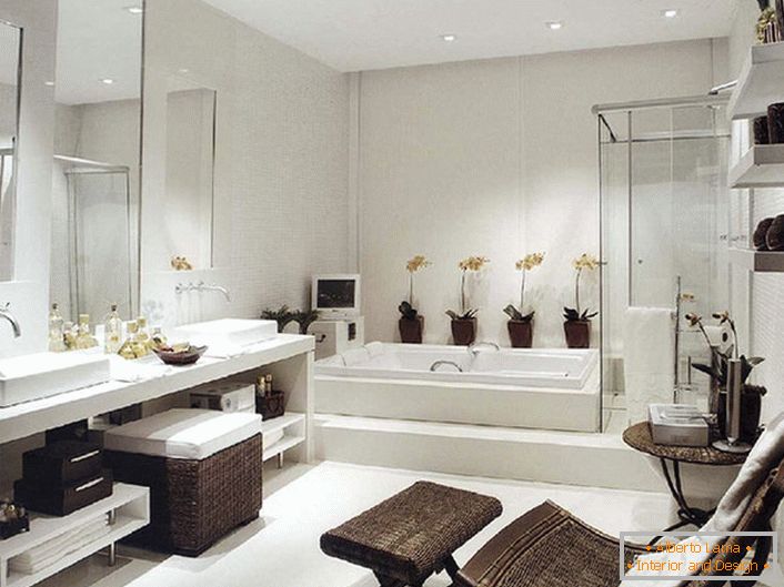 Bagno lussuoso in stile Art Nouveau. Nonostante la quadratura sufficiente, i mobili per il bagno sono selezionati, spaziosi e funzionali. 