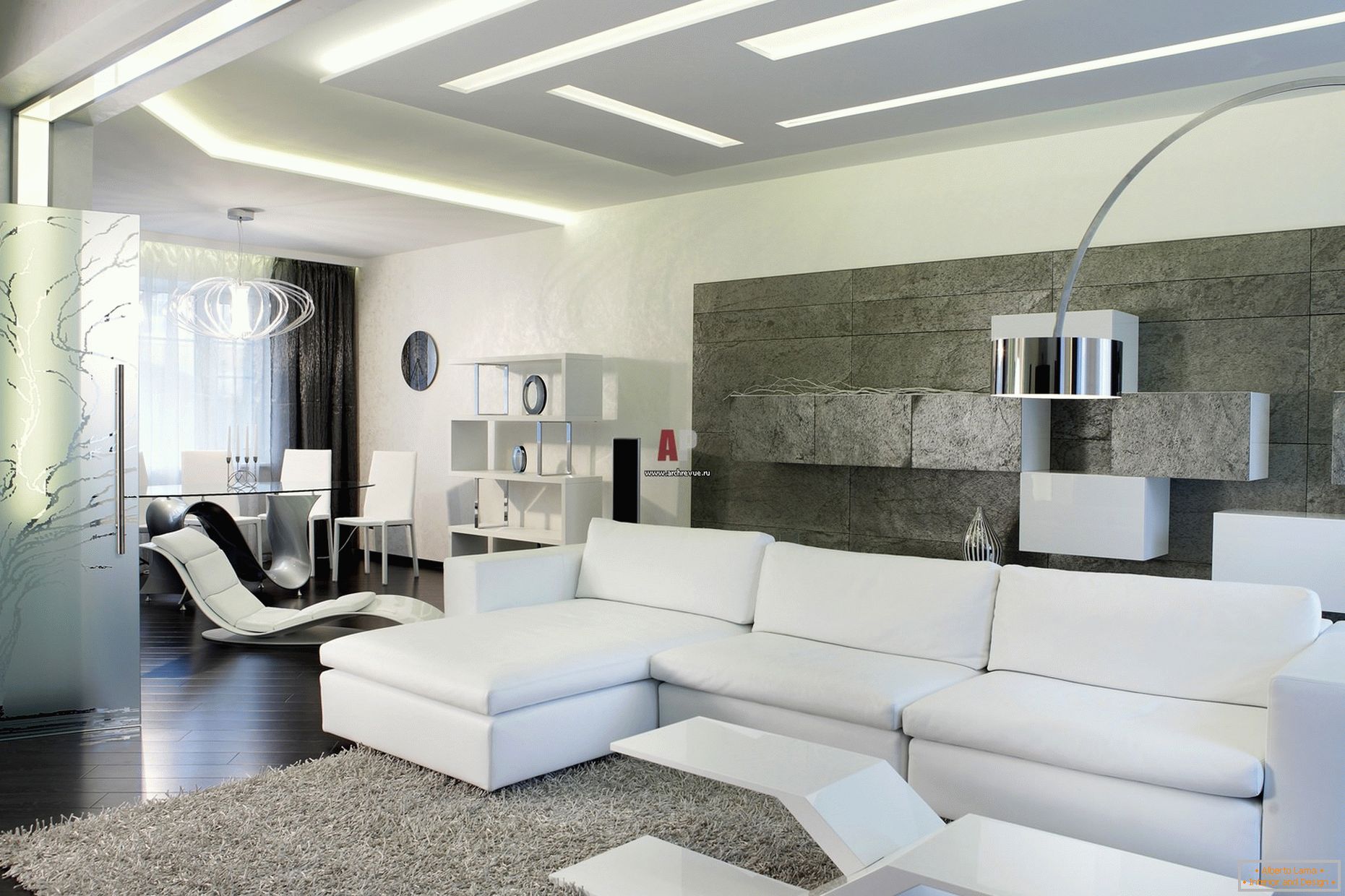 L'interno bianco degli ospiti della camera in stile minimalista è degno di nota per un design moderno e audace con un tocco di alta tecnologia.