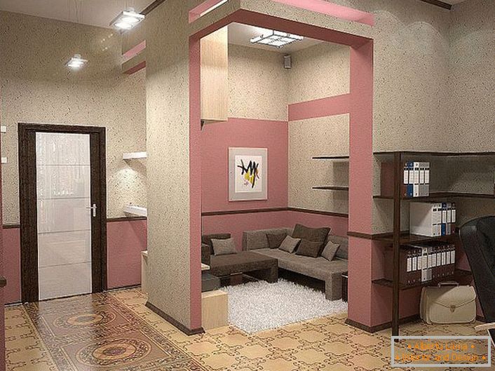 Variazioni del design degli interni nello stile eclettico per una ragazza alla moda. Toni tenui rosa favorevolmente combinati con il beige. 