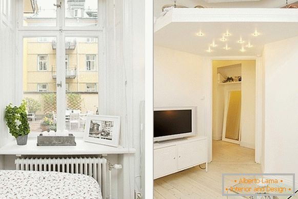 Interno di una confortevole camera da letto e soggiorno in Svezia