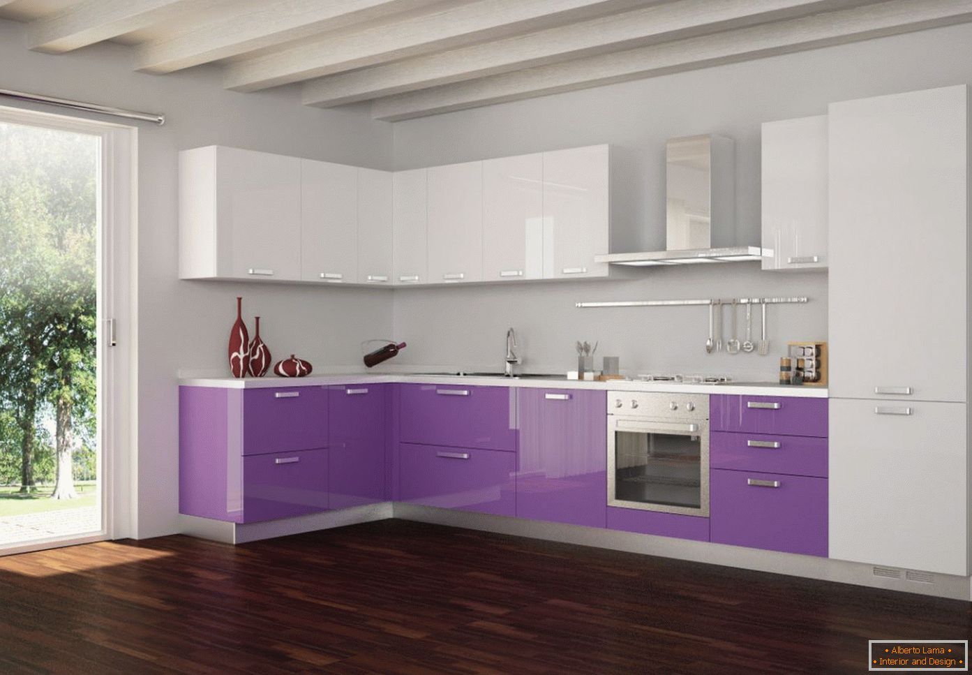 Viola e bianco nel design della cucina