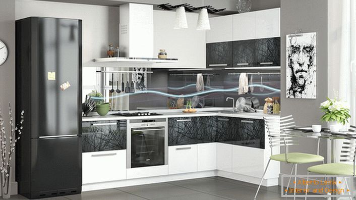 La cucina moderna è decorata usando una cucina modulare. Il set d'angolo ti consente di risparmiare spazio.