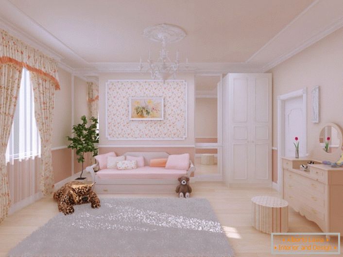 Una bella camera per bambini è decorata in stile country. Per l'arredamento è utilizzato anche stucchi di poliuretano. 