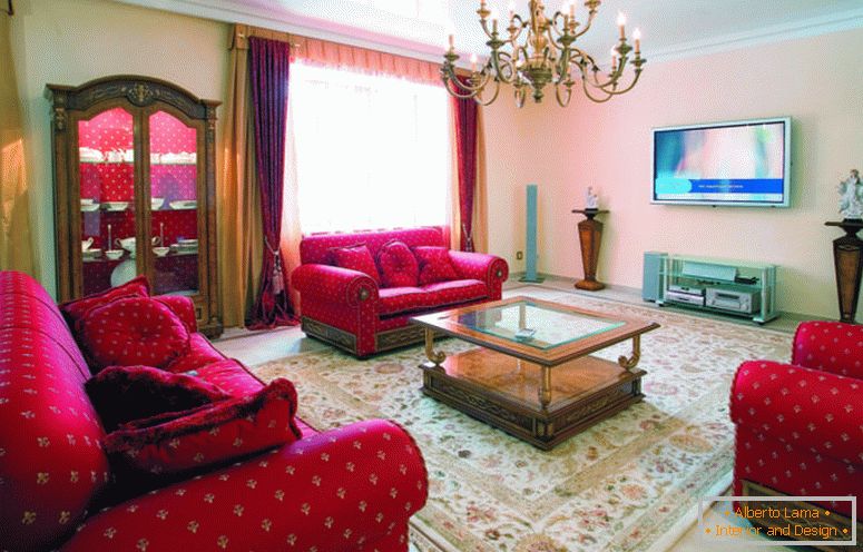 In stile moderno-mobili-salotto-design-idee-con-divano-set rosso-tessuto-pattern-by-increspato-braccio-e-ramificata lampadario-sopra-vetro-top-tavolino-come- così-come-soggiorno-furn-e-stile tradizionale