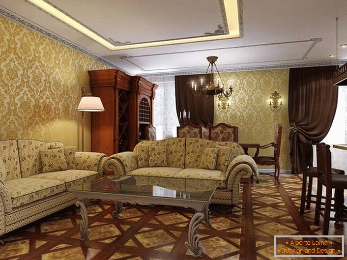 Una camera luminosa con mobili in legno marrone scuro a contrasto.